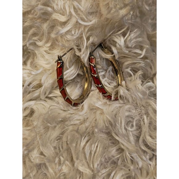 Pair of Gold Toned Hoop Earrings with Red Accent - Picture 2 of 8